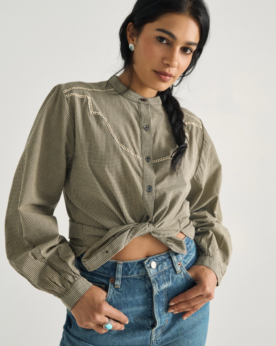 Front view of Women's Mini Seersucker Blouse - Black / White on model