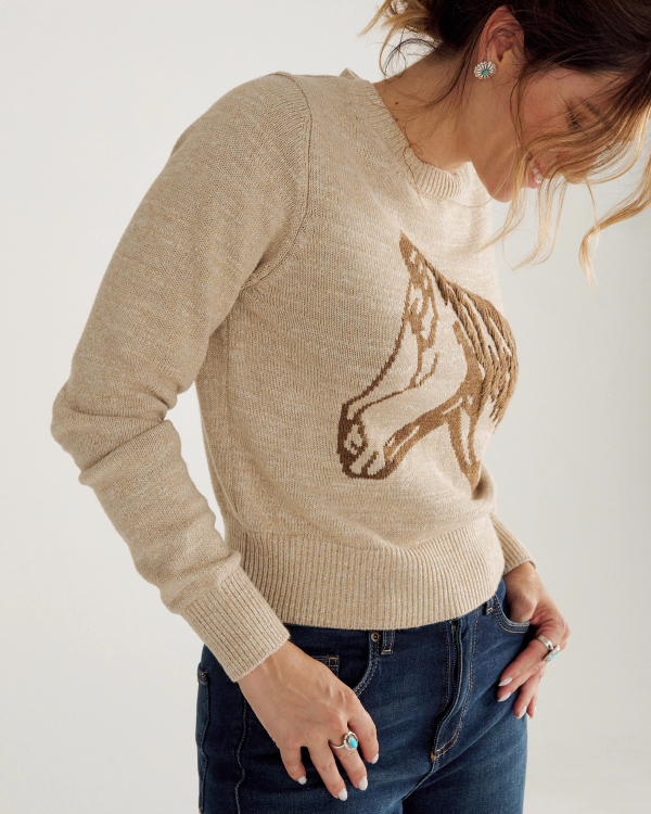 Front view of Women's Horse Crew Neck Sweater - Oatmeal on model