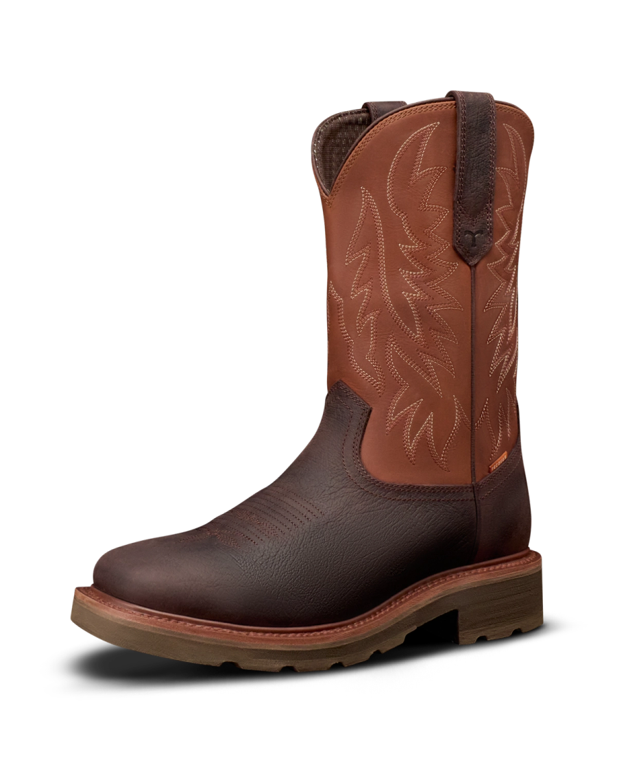 Quarterfront view of LongHaul Waterproof Square Soft Toe Work Boot with Temp Control - Dark Chocolate/Clay Cowhide on plain background