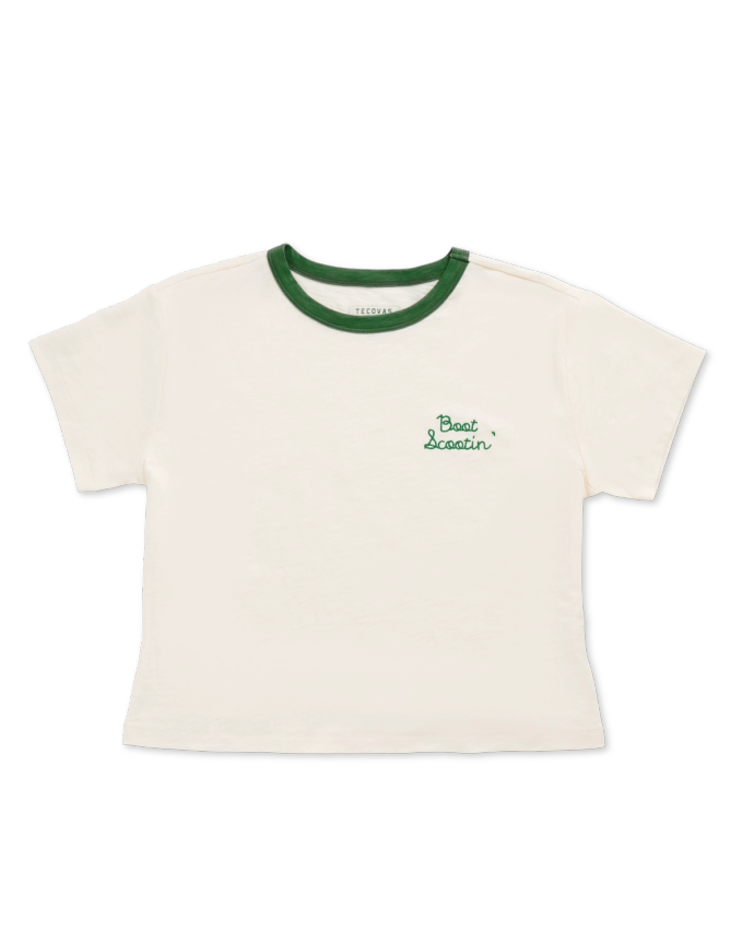 Front view of Women's Vintage Ringer Tee - Bone / Green on plain background