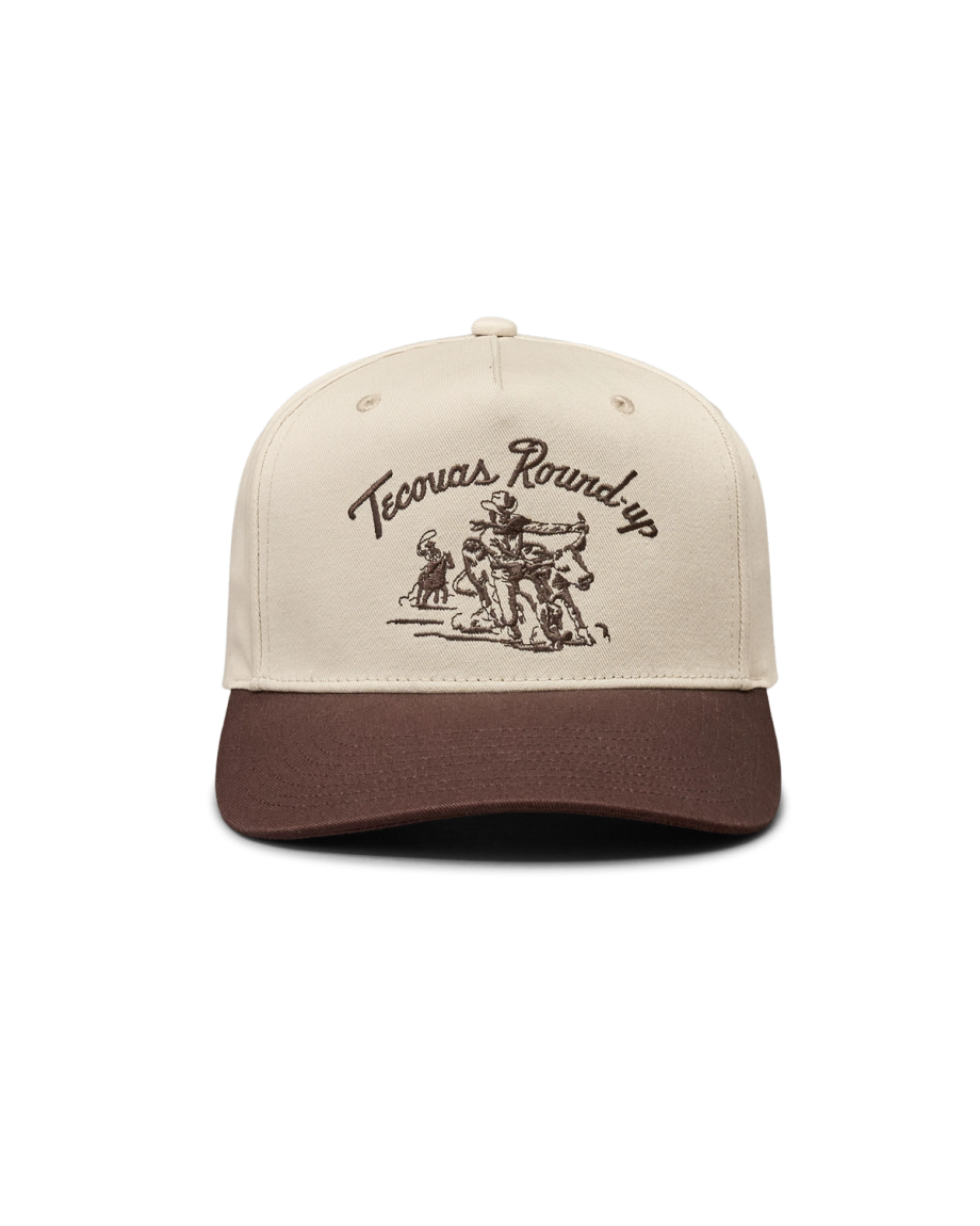 Front view of Tecovas Round-Up Hat - Cream/Brown on plain background