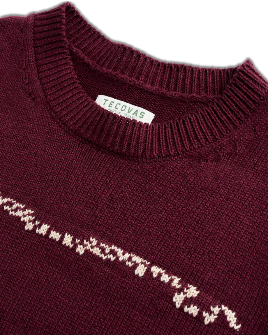 Closeup detail view of Women's Crew Neck Lucky Boots Sweater - Burgundy