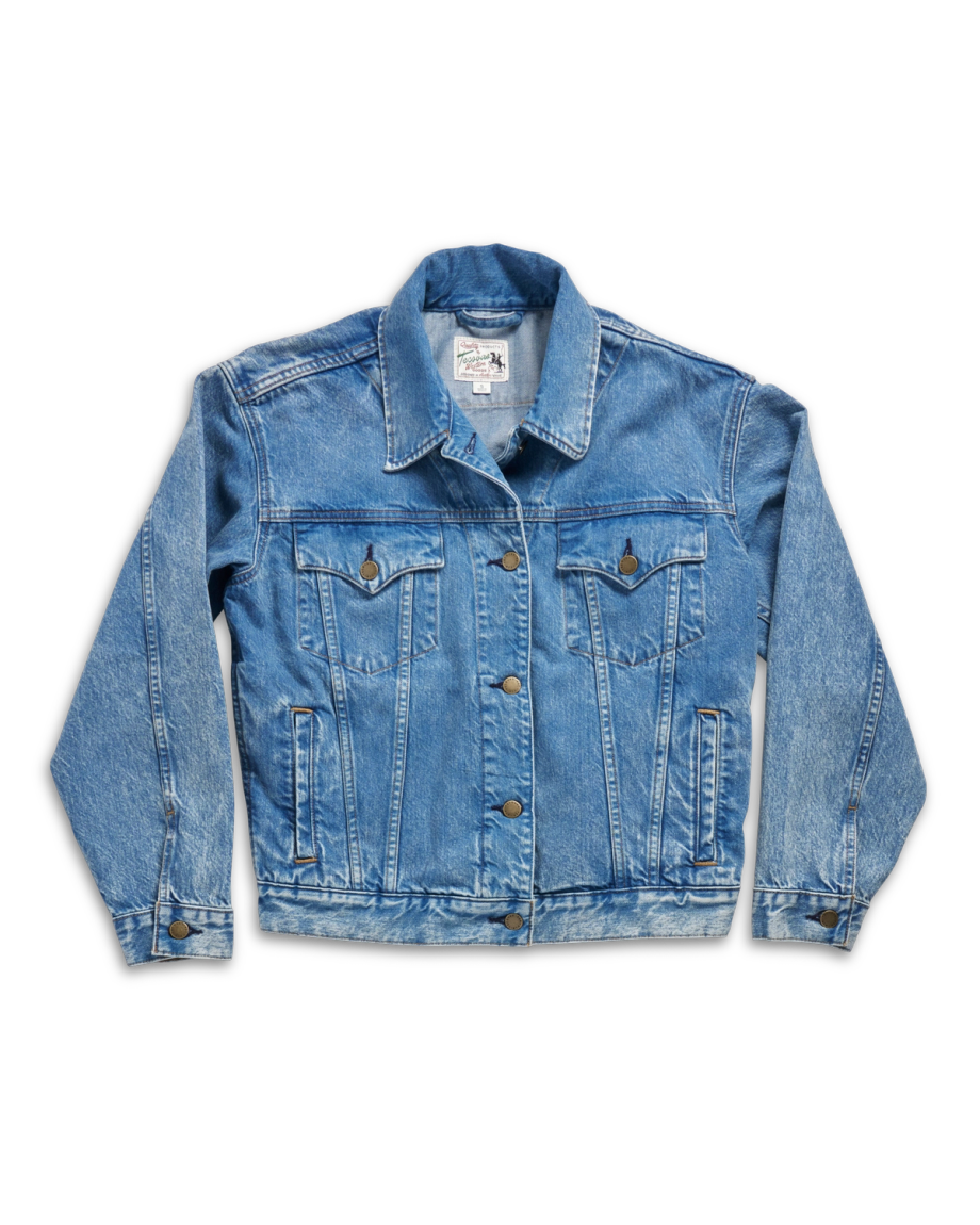 Front view of Women's Denim Trucker Jacket - Medium Wash on plain background
