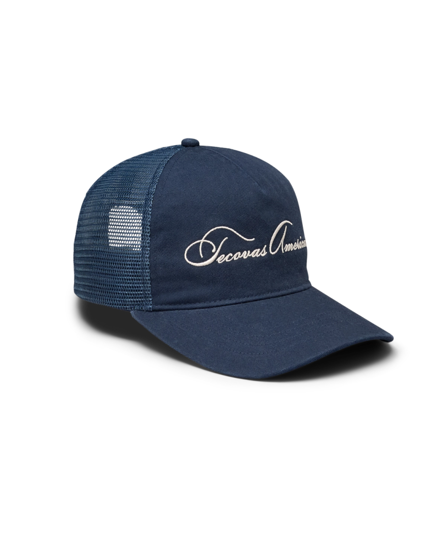 Quarterfront view of Tecovas American Trucker - Washed Navy on plain background