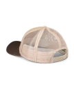 Tan mesh back trucker hat with a brown brim, adjustable snapback closure, and a curved bill, shown from the rear angle.
