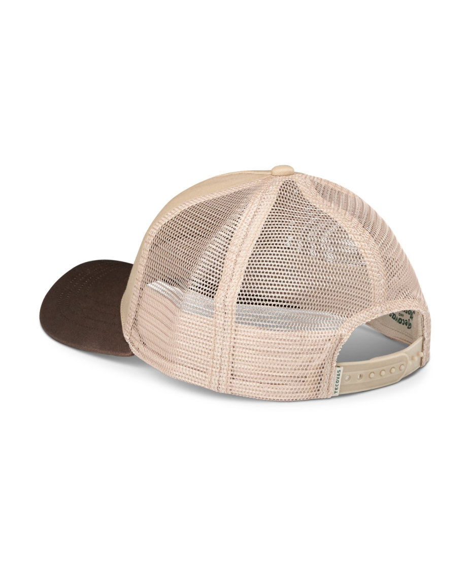 Tan mesh back trucker hat with a brown brim, adjustable snapback closure, and a curved bill, shown from the rear angle.