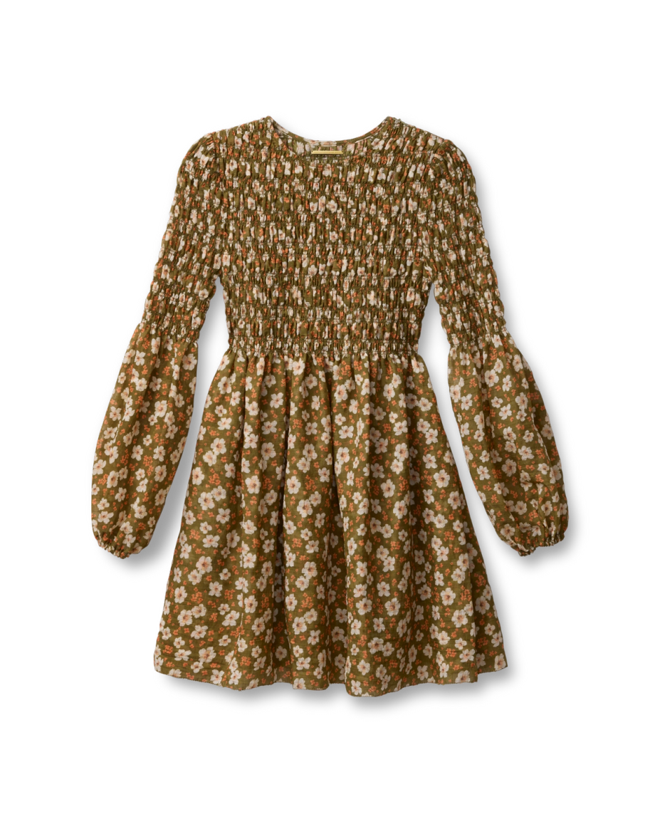 Front view of The Emma Dress by Kristopher Brock - Olive/Beige Floral Cotton Blend on plain background