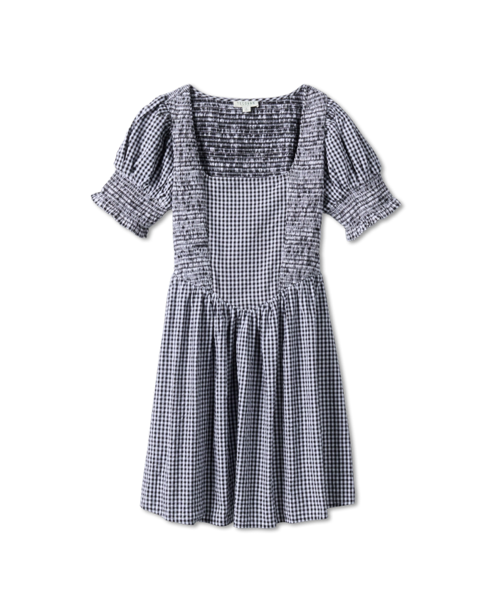 A short-sleeved, black and white gingham dress with a square neckline and ruched details.