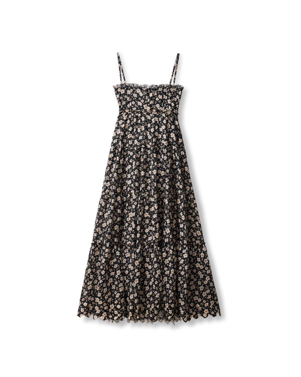 Back view of The Willow Dress by Kristopher Brock - Black/Beige Floral on plain background