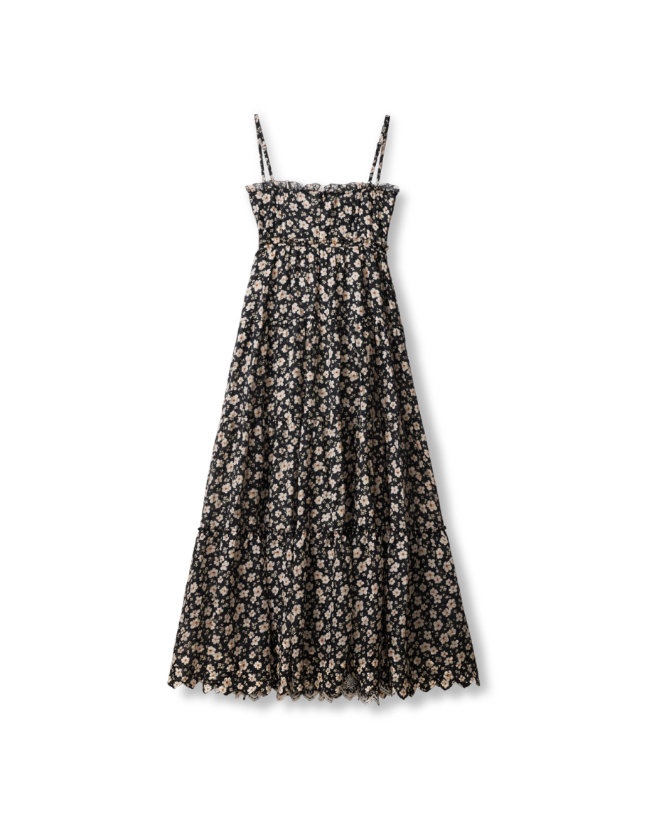 Back view of The Willow Dress by Kristopher Brock - Black/Beige Floral on plain background