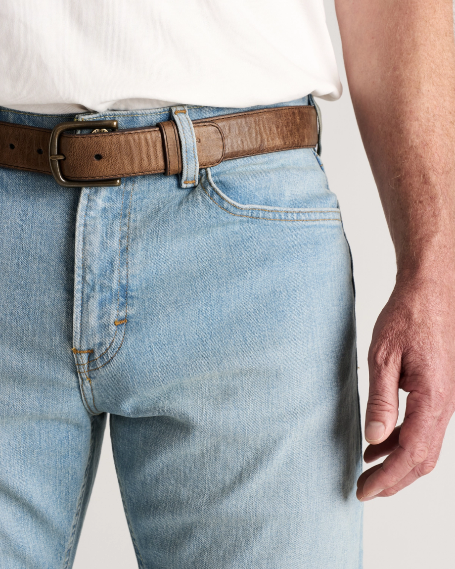 Closeup detail view of Men's Straight Stretch Denim - Light Stone Wash