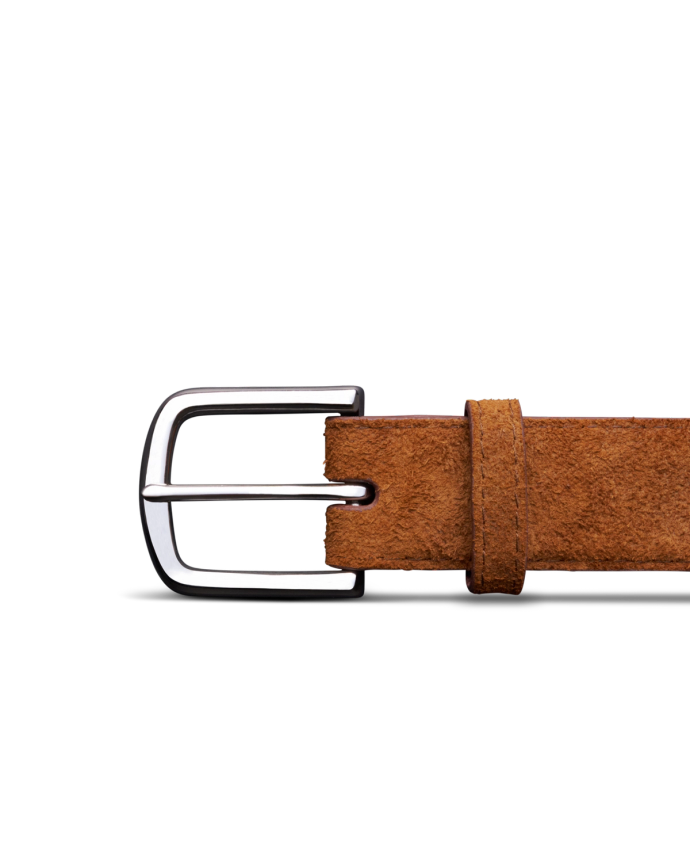 Close-up of a brown suede belt with a rectangular silver buckle against a black background.