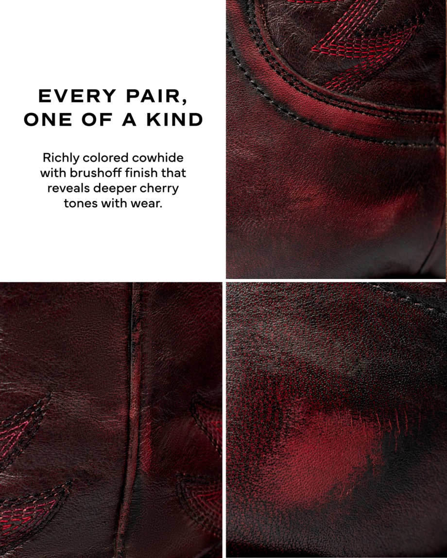 The Annie in Black Cherry Cowhide. A collage showing Black Cherry cowhide leather with a brush-off finish, featuring the text: “Every pair, one of a kind. Richly colored cowhide with brush-off finish that reveals deeper cherry tones.”.