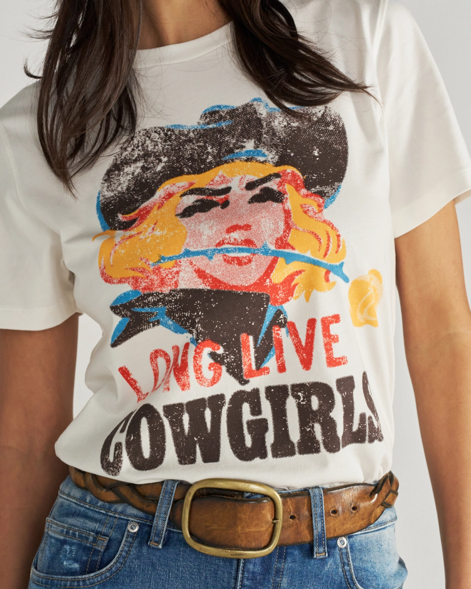 Closeup detail view of Women's Long Live Cowgirls Tee - Bone