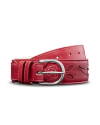 Unbuckled view of Women's Rose Inlay Belt - Crimson on plain background