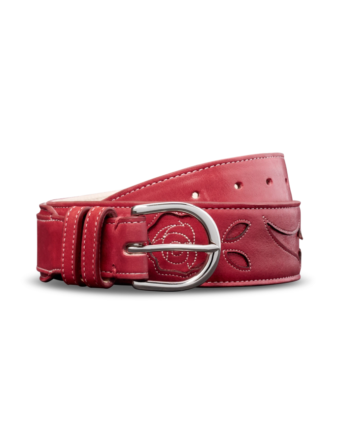 Unbuckled view of Women's Rose Inlay Belt - Crimson on plain background