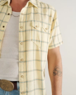 Closeup detail view of Men's Sawtooth Linen Short Sleeve Pearl Snap - Yellow / Teal