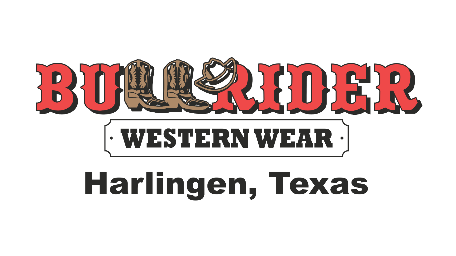 Logo for "Bullrider Western Wear" featuring cowboy boots and a hat, with the location "Harlingen, Texas" written below.
