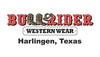 Logo for "Bullrider Western Wear" featuring cowboy boots and a hat, with the location "Harlingen, Texas" written below.