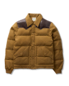 Brown puffer jacket with dark brown shoulder patches and two front pockets, displayed against a black background.