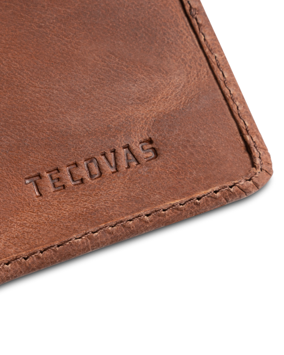 Closeup view of Goat Bifold Card Case - Scotch
