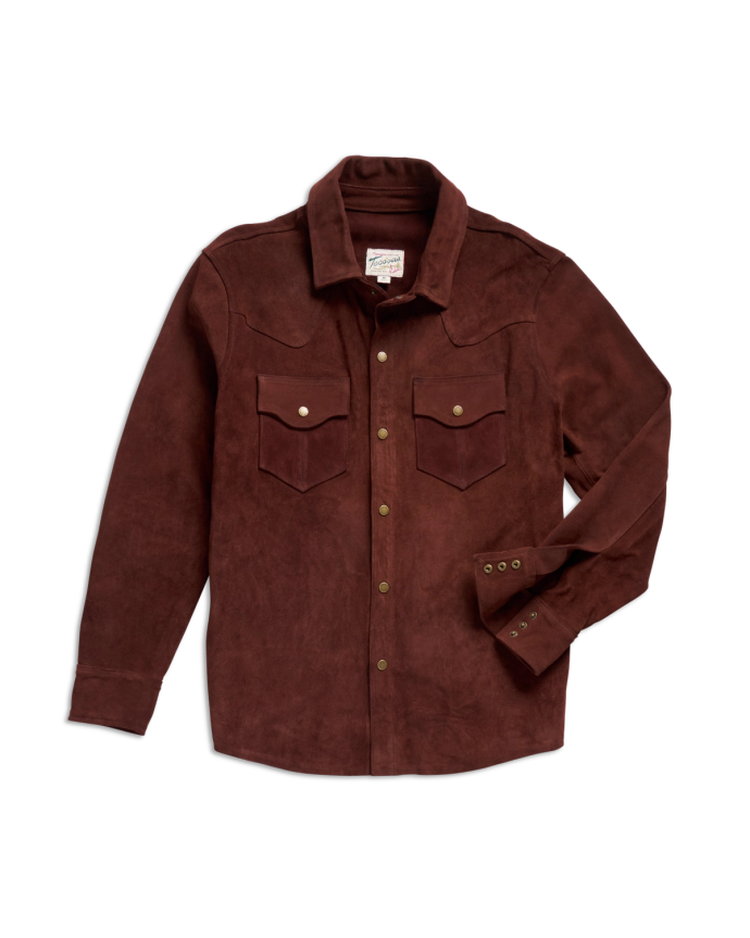 Front view of Men's Suede Overshirt - Brown on plain background