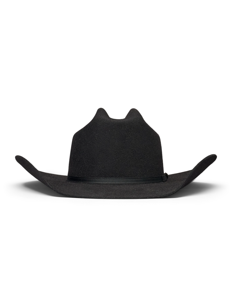 Wide-brimmed black cowboy hat with a slight curve in the brim, set against a plain white background.