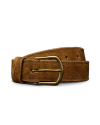 A brown suede belt with a brass buckle is coiled against a plain white background.
