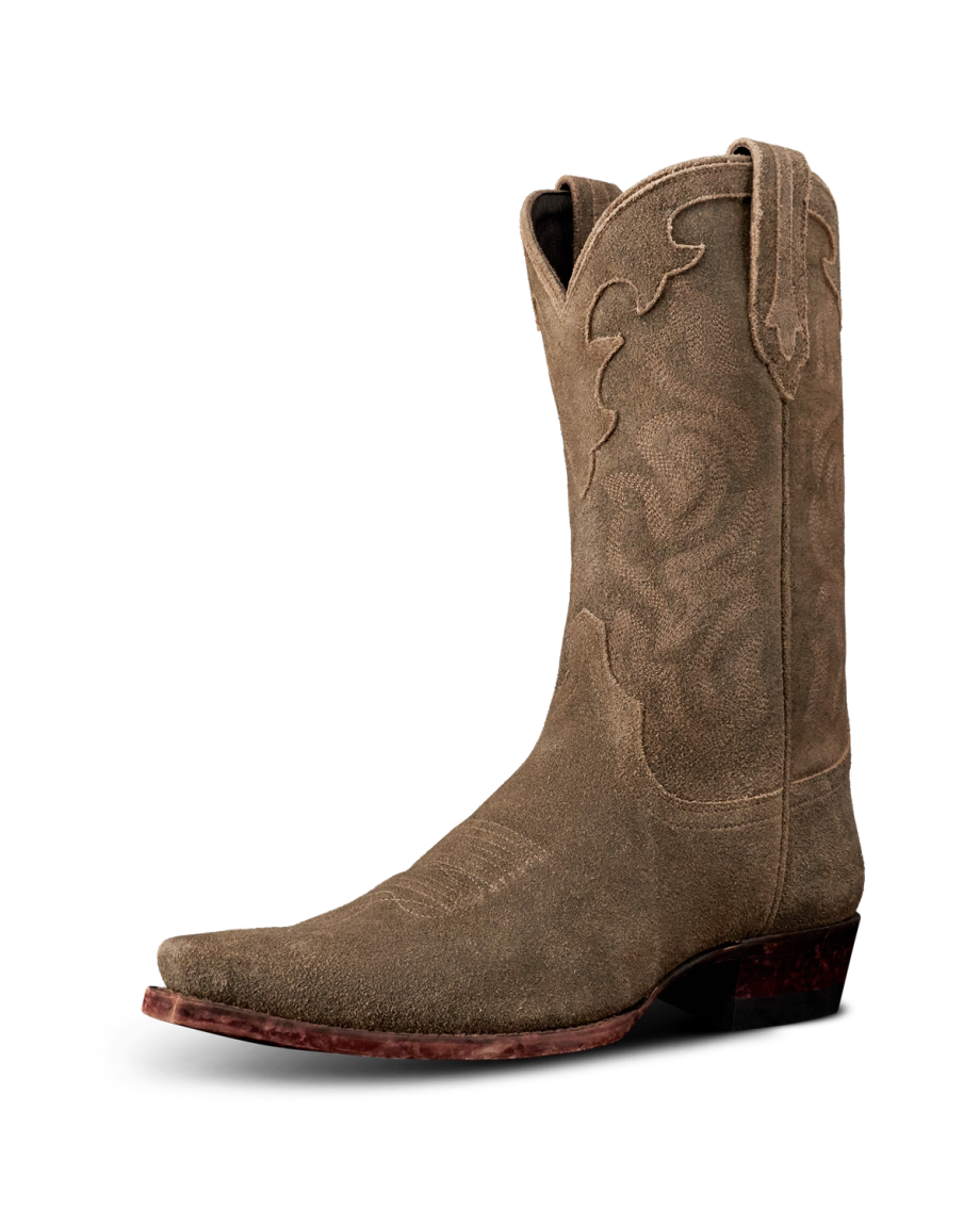 Quarterfront view of The Garrett - Gravel Suede on plain background