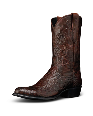 Quarterfront view of Birthday Boot X - Dark Pecan Alligator on plain background