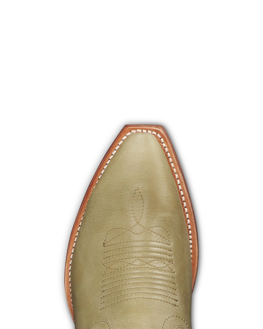 Toe view of The Annie - Light Sage Cowhide on plain background