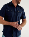 Closeup detail view of Men's Classic Fit Vintage Weight Sawtooth Short Sleeve Pearl Snap - Navy