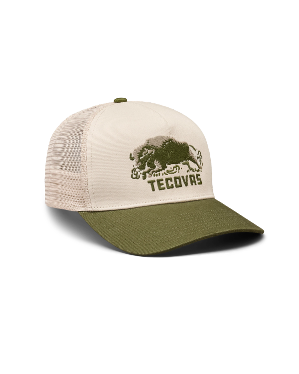 Quarterfront view of Bison Trucker - Cream/Moss on plain background