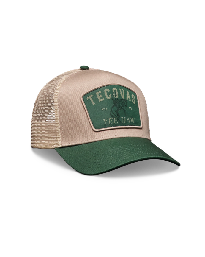 Quarterfront view of Yee Haw 5 Panel High Pro Trucker - Green / Khaki on plain background