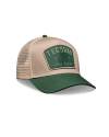 Quarterfront view of Yee Haw 5 Panel High Pro Trucker - Green / Khaki on plain background