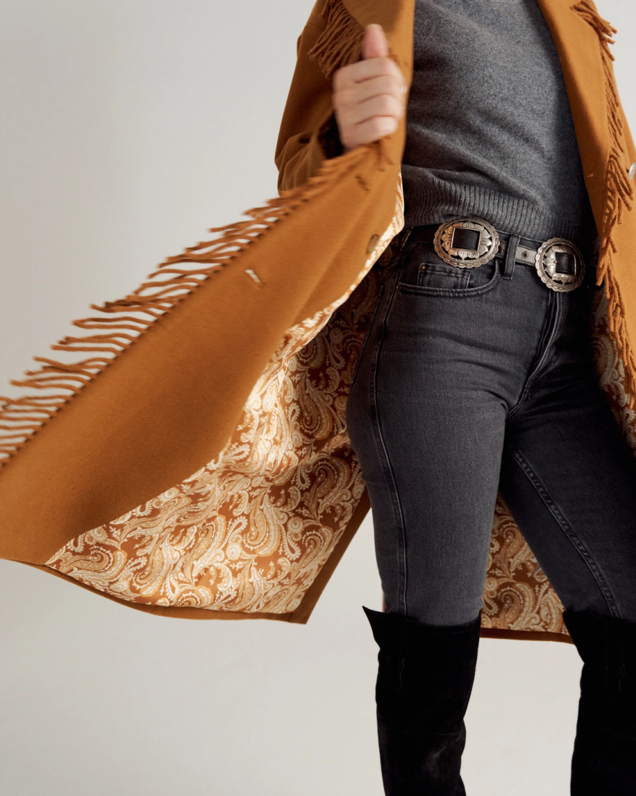 Closeup detail view of Women's Western Fringe Coat - Caramel