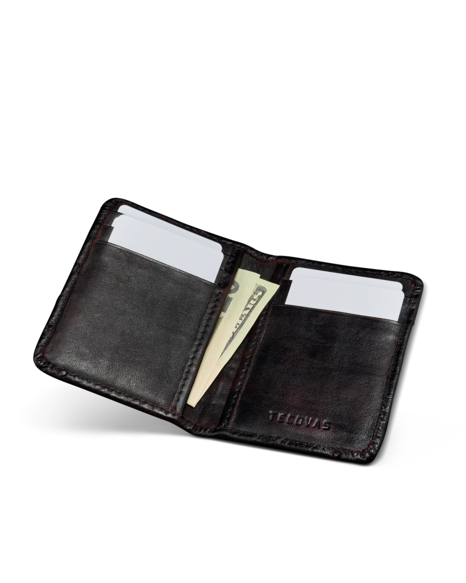 Inside view of Ostrich Bifold Card Case - Black Cherry on plain background