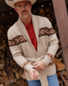 Closeup detail view of Men's Shawl Collar Wrap Sweater - Oatmeal/Brown