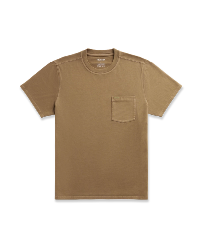 A plain brown short-sleeve t-shirt with a small chest pocket on the left side, displayed flat against a white background.