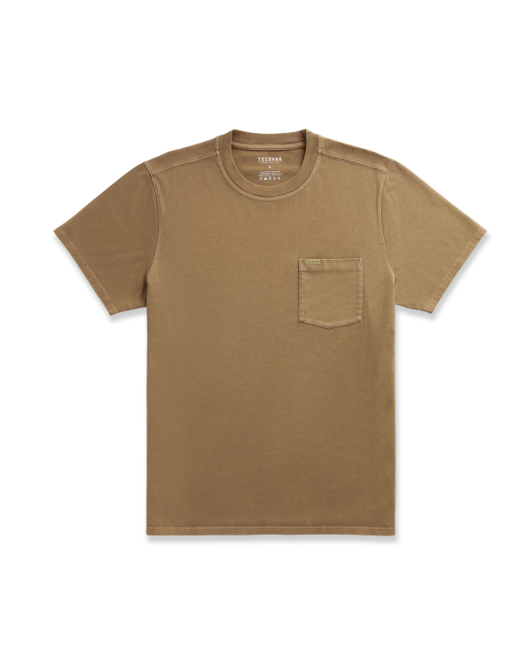 A plain brown short-sleeve t-shirt with a small chest pocket on the left side, displayed flat against a white background.