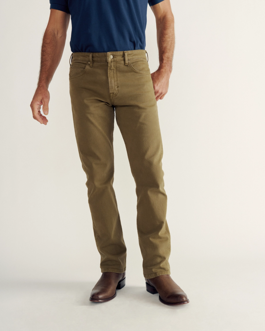 Front view of Men's Slim Straight Stretch Twill - Olive on model