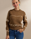 Front view of Women's Crew Neck Lucky Boots Sweater - Brown Heather/Oatmeal on model