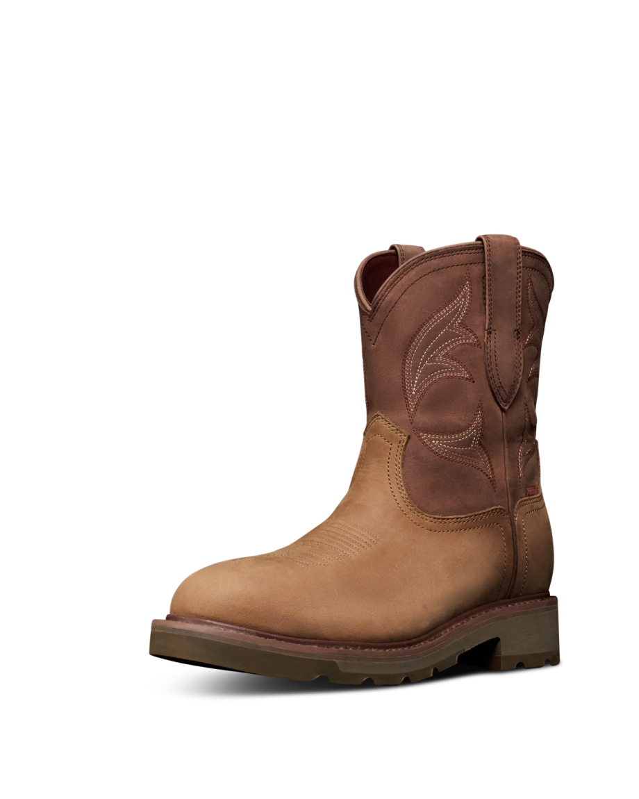 Quarterfront view of The LH WP Round Comp Toe Work Boot - Tan / Cafe Cowhide on plain background
