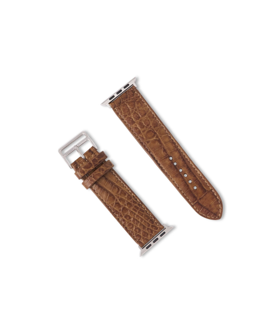 Brown crocodile-pattern leather watch band with silver hardware, displayed in two separate pieces on a white background.