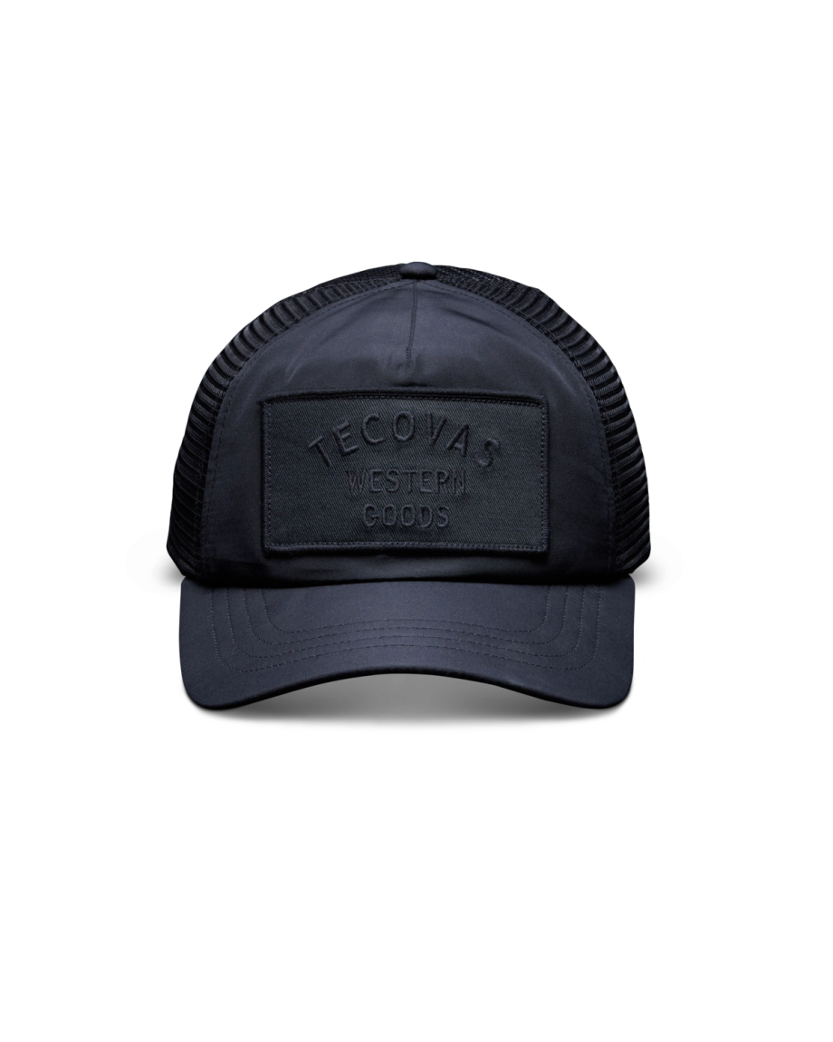 Front view of Western Goods 5-Panel Low Pro Trucker - Black on plain background