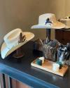 Two beige cowboy hats with feather decorations sit on stands next to containers filled with loose feathers and small green floral foam on a dark counter.