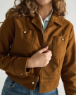 Closeup detail view of Women's Moleskin Pearl Snap Jacket - Camel
