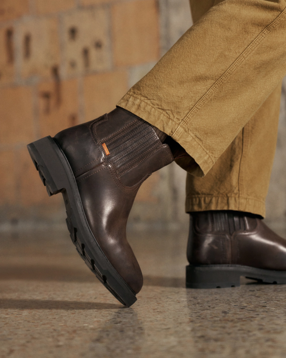 Toe view of Women's LongHaul Waterproof Chelsea Composite Toe Work Boot - Espresso Cowhide on plain background