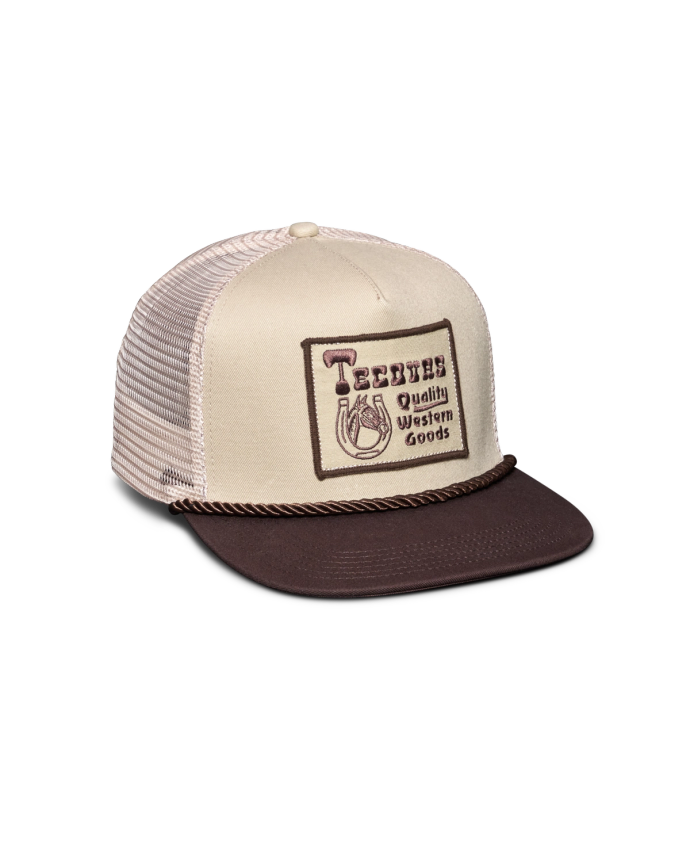 Quarterfront view of Western Provisions Five-Panel Trucker - Brown on plain background