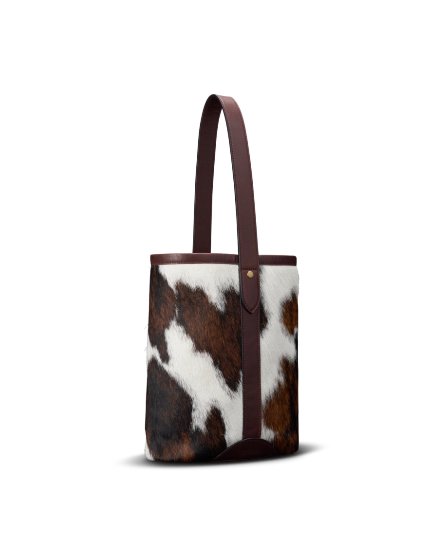 Quarterfront view of Wine Tote - Brown Multi on plain background